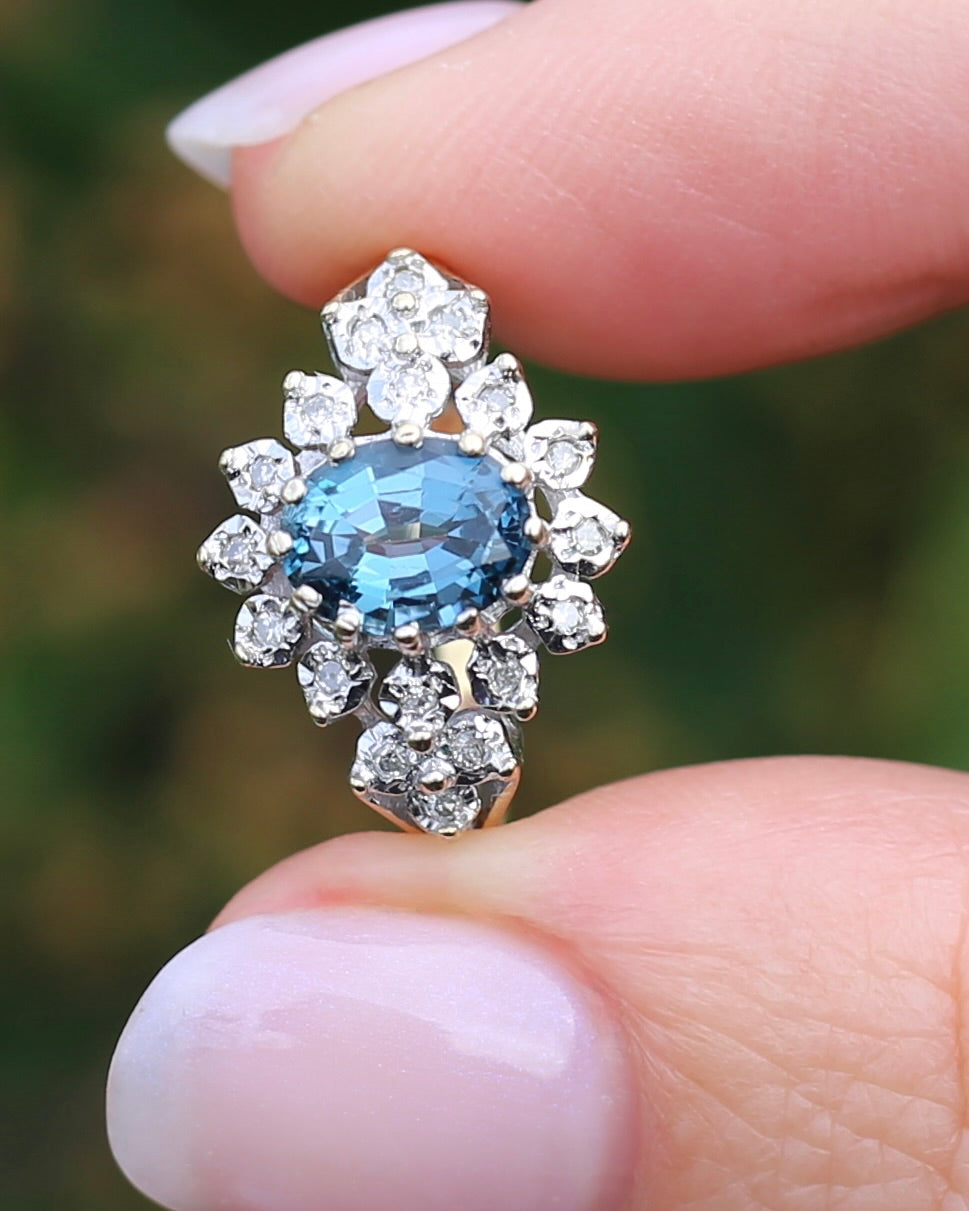 1989 Blue Zircon and Diamond Halo Ring, 9ct Yellow and White Gold, size N1/2 or 7, 3.18g