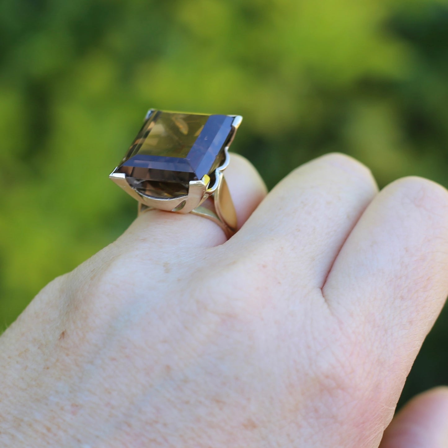 Mid Century 36ct Princess Cut Smoky Quartz Cocktail Ring, 9ct Yellow Gold, size N1/2 or 6.75