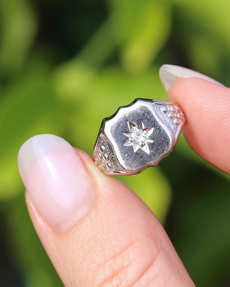 Vintage Shield Signet With Old Cut Diamond, 18ct White Gold, size N or just over 6.5 (fits more like an L1/2-M due to width), 6.86g