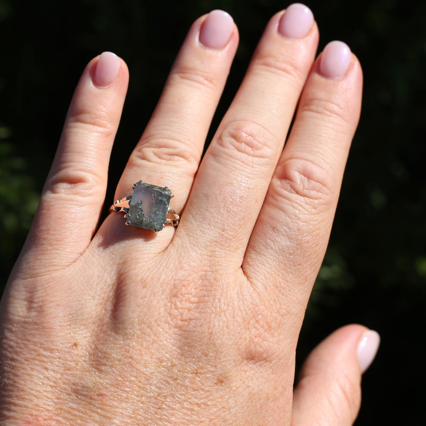 4.95ct Emerald Cut Moss Agate Ring with Fabulous Double Claws, 9ct Older Rosey Gold, size N1/2 or 6.75