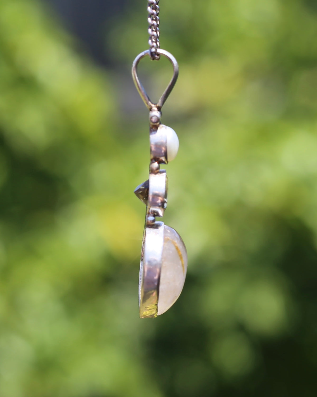 Freshwater Pearl, Citrine and Rutilated Quartz Cabochon Pendant, Sterling Silver, 6.0g