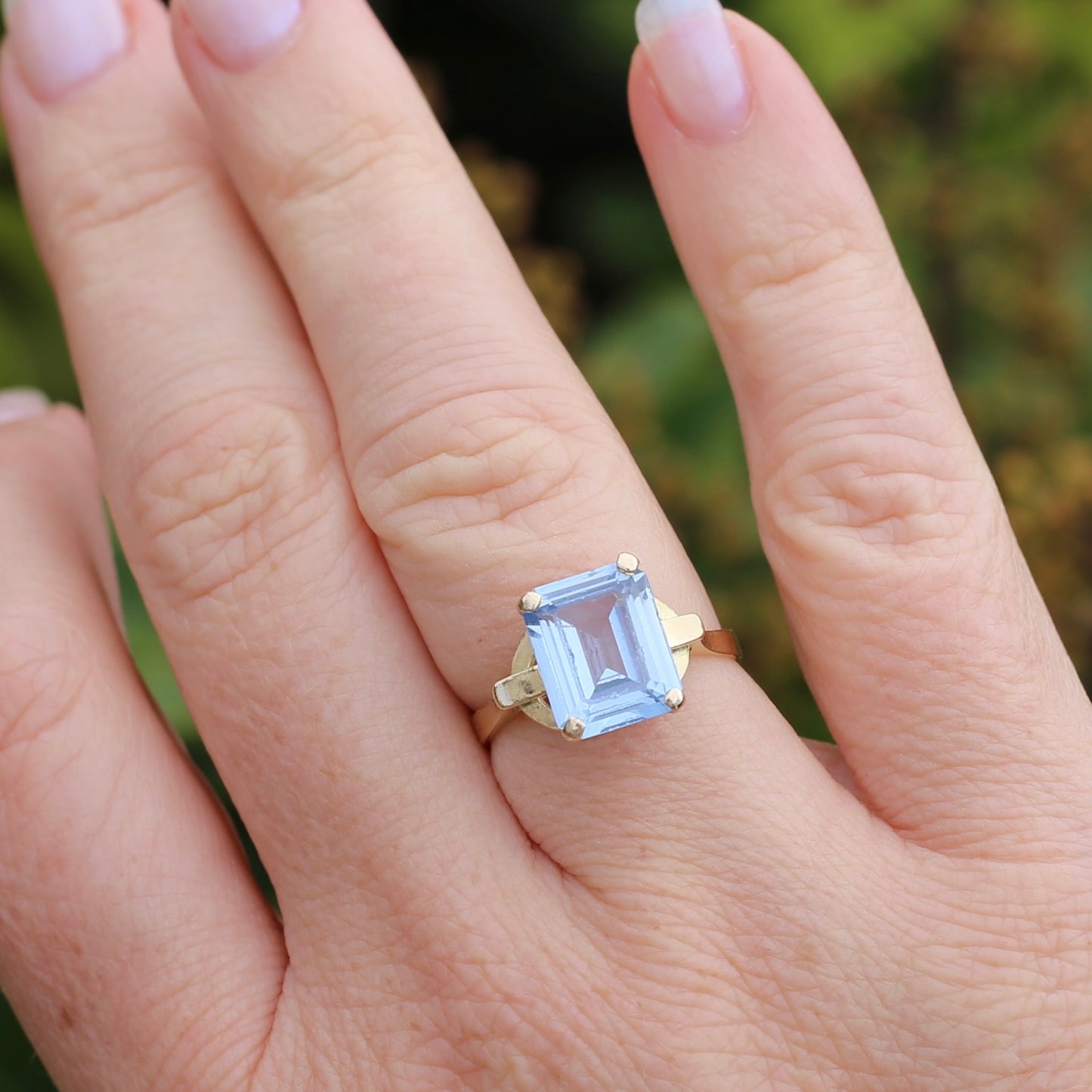 Emerald Cut Synthetic Blue Spinel in Gorgeous Art Deco Setting, 14ct Yellow Gold, size O or 7.25