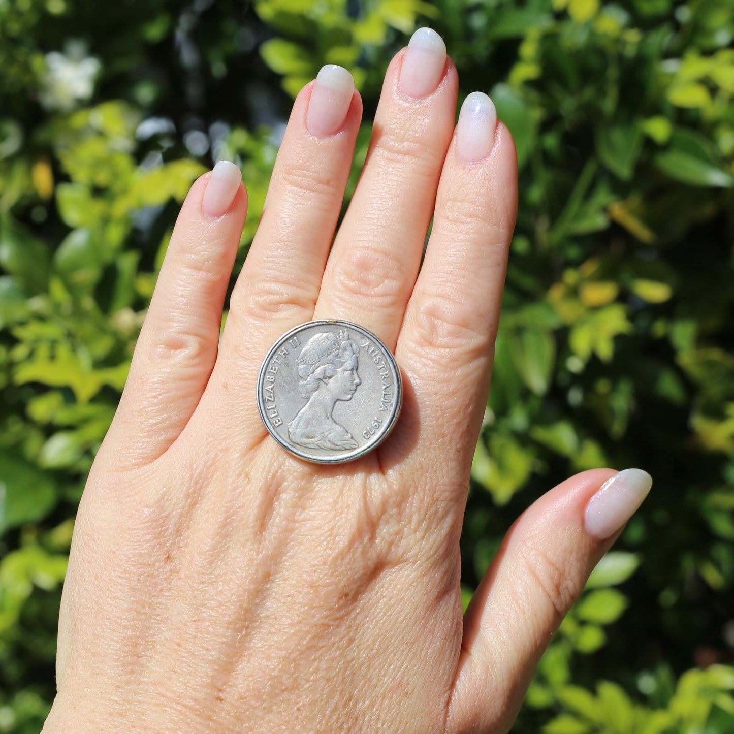 Queen Elizabeth 1973 Australia Coin in Bezel Set Silver Ring, size R or just over 8.5