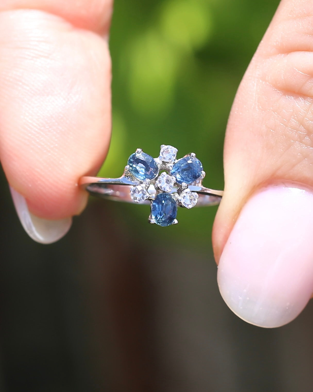 Vintage Parti Sapphire and White Quartz Cluster Ring, 9ct White Gold, size M or just over 6, 1.7g