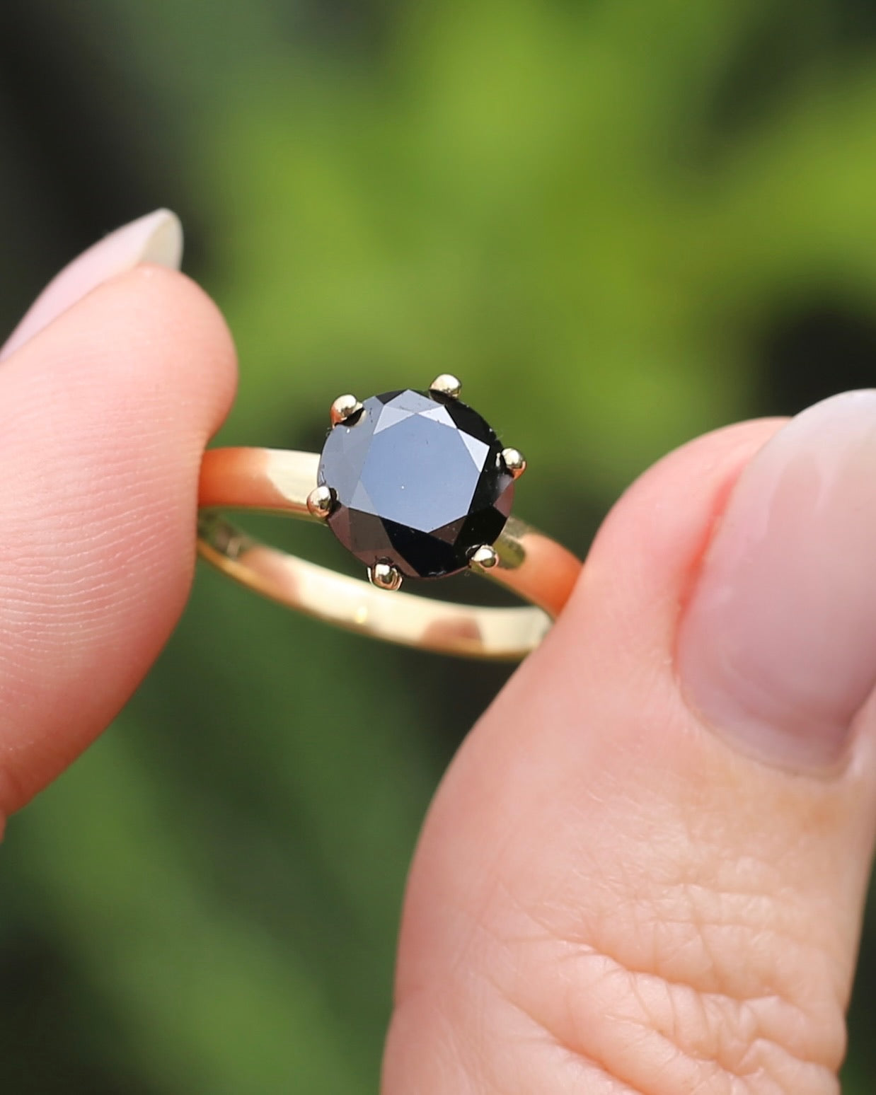 Black Moissanite Solitaire, 6 claw set 14ct Yellow Gold, size N1/2 or nearly 7, 3.63g
