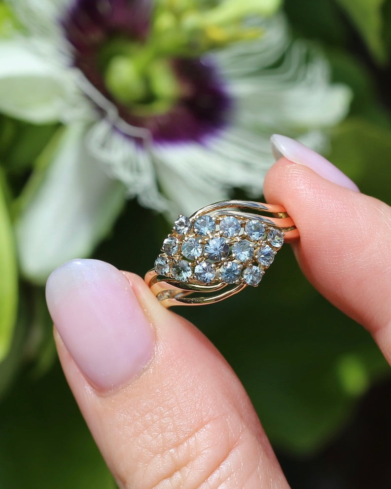 Pale Blue Parti Sapphire Bypass Cluster Ring, 9ct Yellow Gold, size P1/2 or 7.75, 2.75g