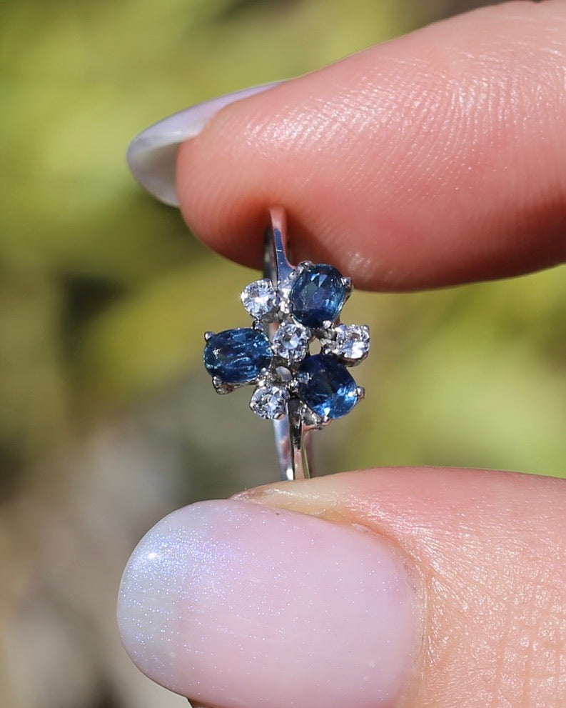 Vintage Parti Sapphire and White Quartz Cluster Ring, 9ct White Gold, size M or just over 6, 1.7g