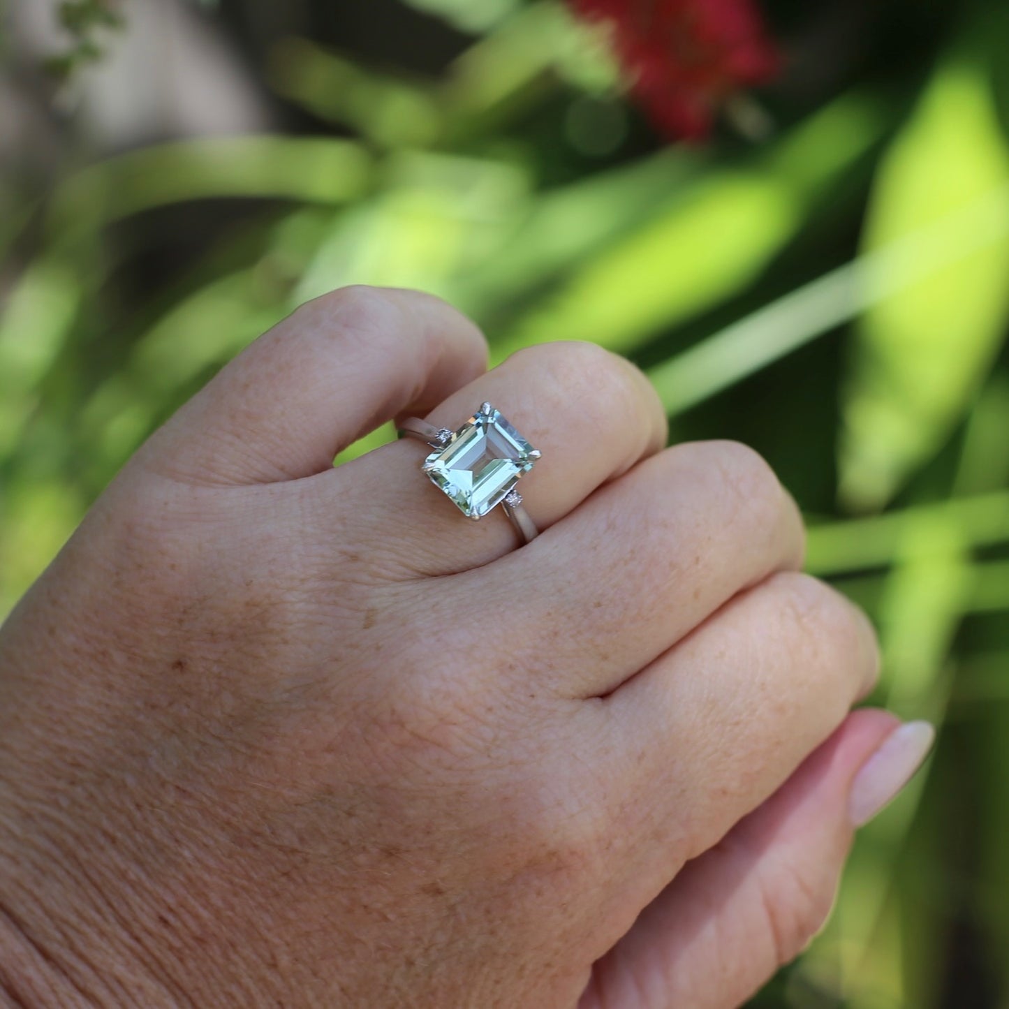 Emerald Cut Prasiolite and Diamond Ring, 9ct White Gold, size P or 7.75