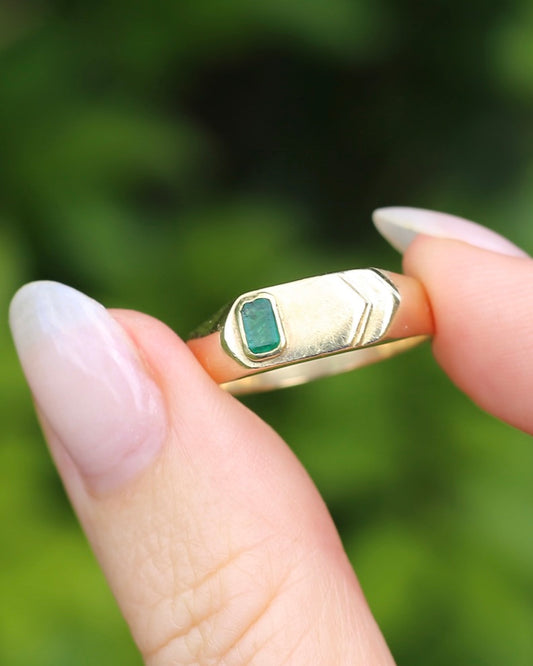 Natural Emerald Cut Emerald Vintage 9ct Gold Signet Ring, 9ct Yellow Gold, size T or 9.5