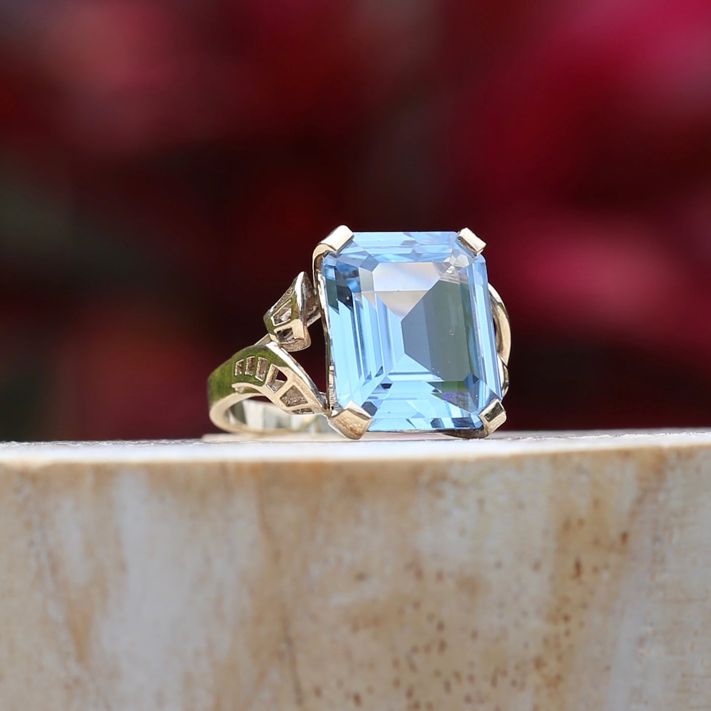 Mid Century Emerald Cut Blue Spinel Cocktail Ring, size N1/2 or 6.75