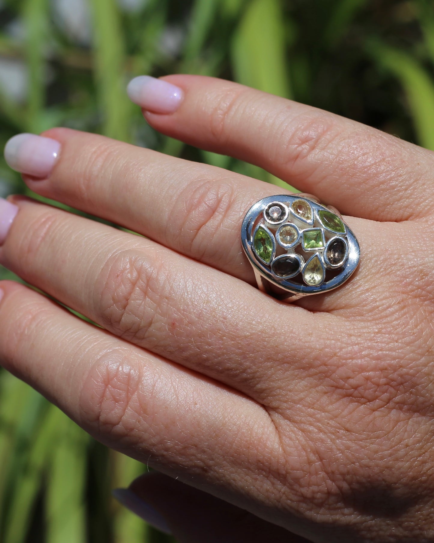 Peridot, Citrine and Smokey Quartz Bezel Set Ring, Sterling Silver, size P or 7.5, 8.27g