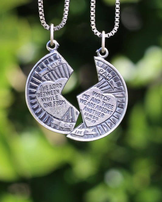 Pair of Vintage Mizpah Pendants on chains, Sterling Silver, 5g (combined) and 7.1g chains