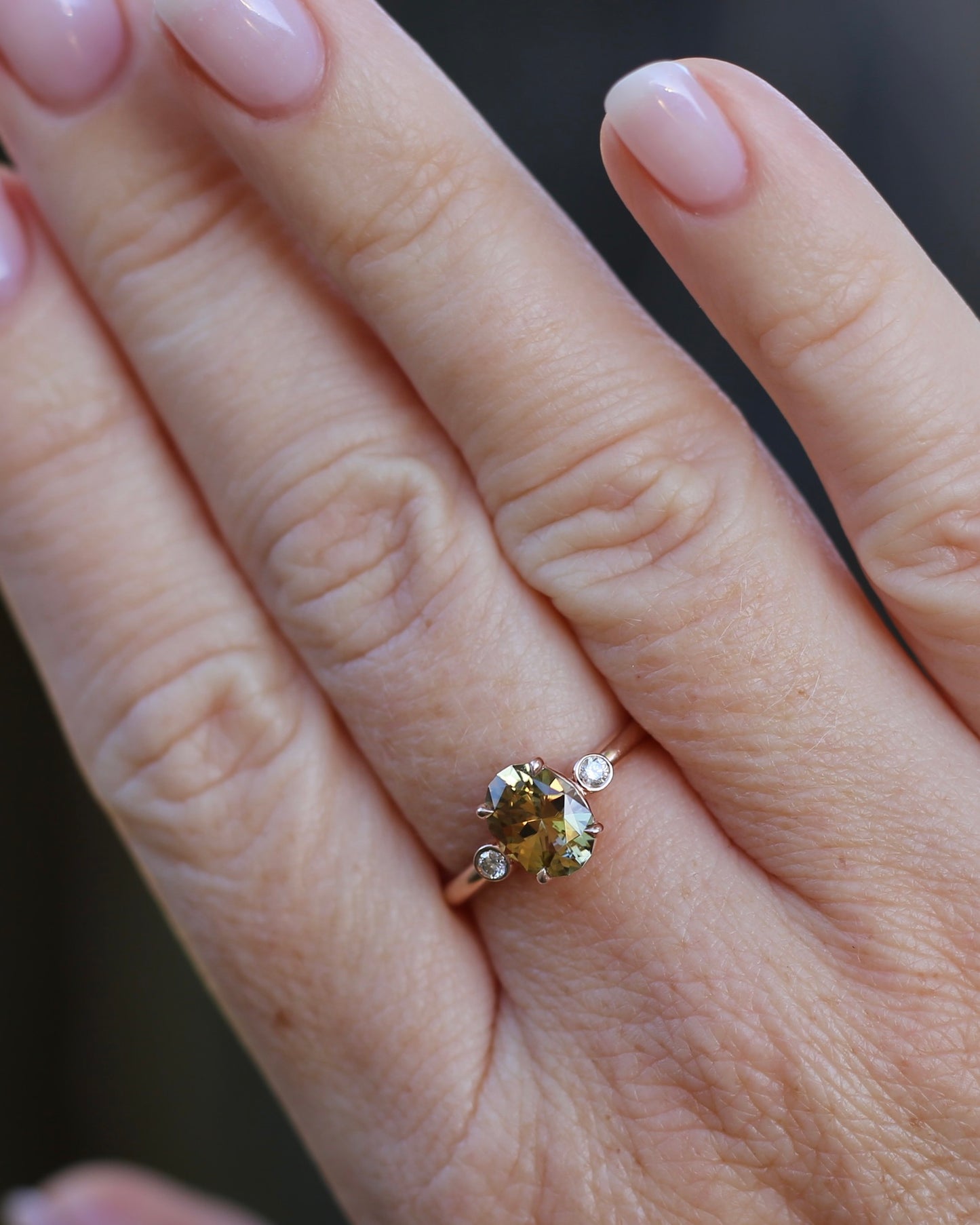 1.57ct Natural Golden Tanzanite Zoisite and Diamond Trilogy Ring, 14ct Rose Gold, size 8.75 or just over R, 3.3g, with valuation