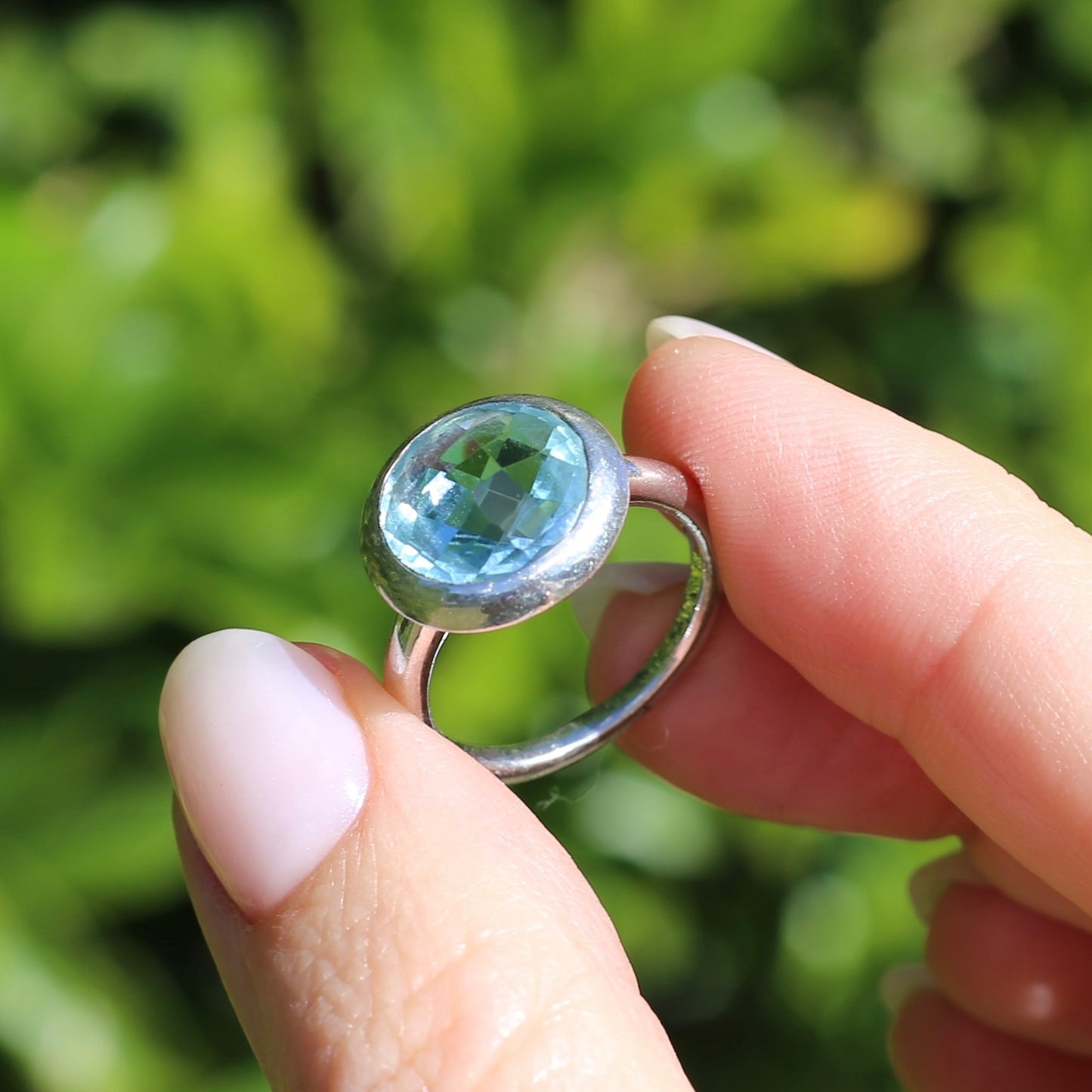 Bezel Set Harlequin Cut Blue Topaz Ring, Sterling Silver, size O or 7.25 (fits bigger)