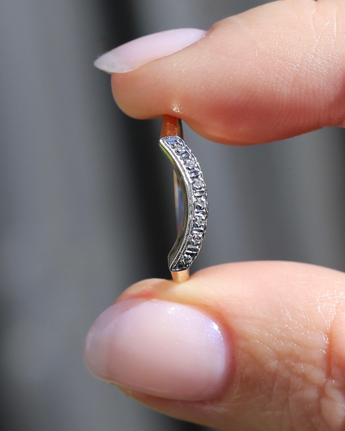 Vintique 7 Stone Single Cut Diamond & Milgrain Curved Stacker Ring, 14ct Yellow and White Gold, size P or just over 7.5, 1.49g