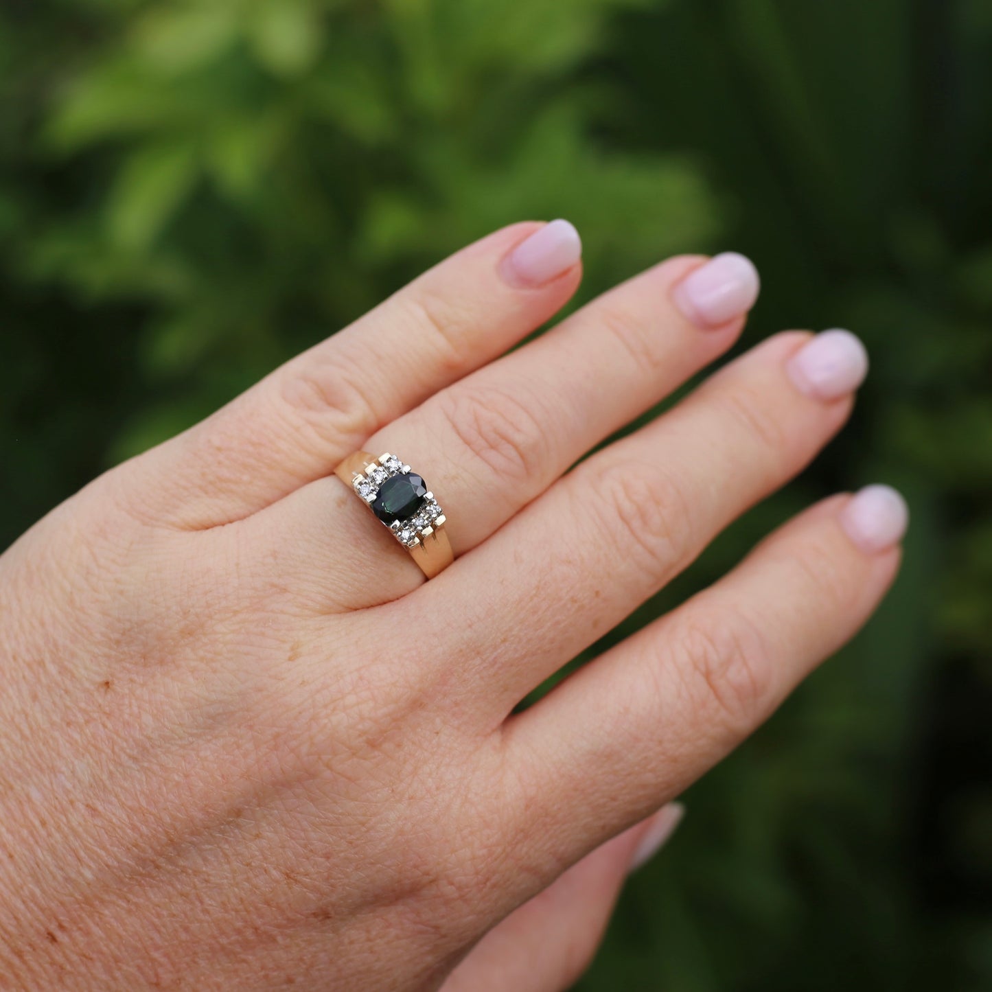 0.95ct Green Tourmaline and Diamond High Set Ring, 9ct White and Yellow Gold, size O or just over 7