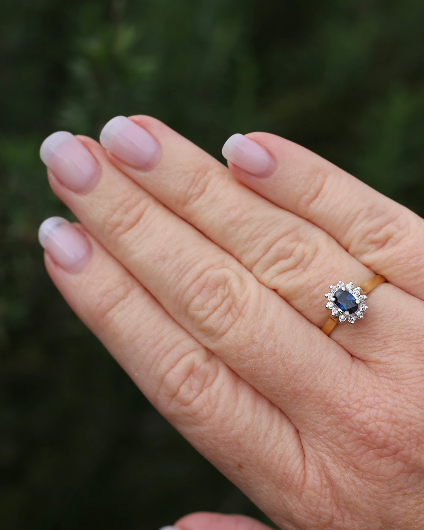 Natural Sapphire and Diamond Halo, 18ct White and Yellow Gold, size R or just over 8.5, 3,15g