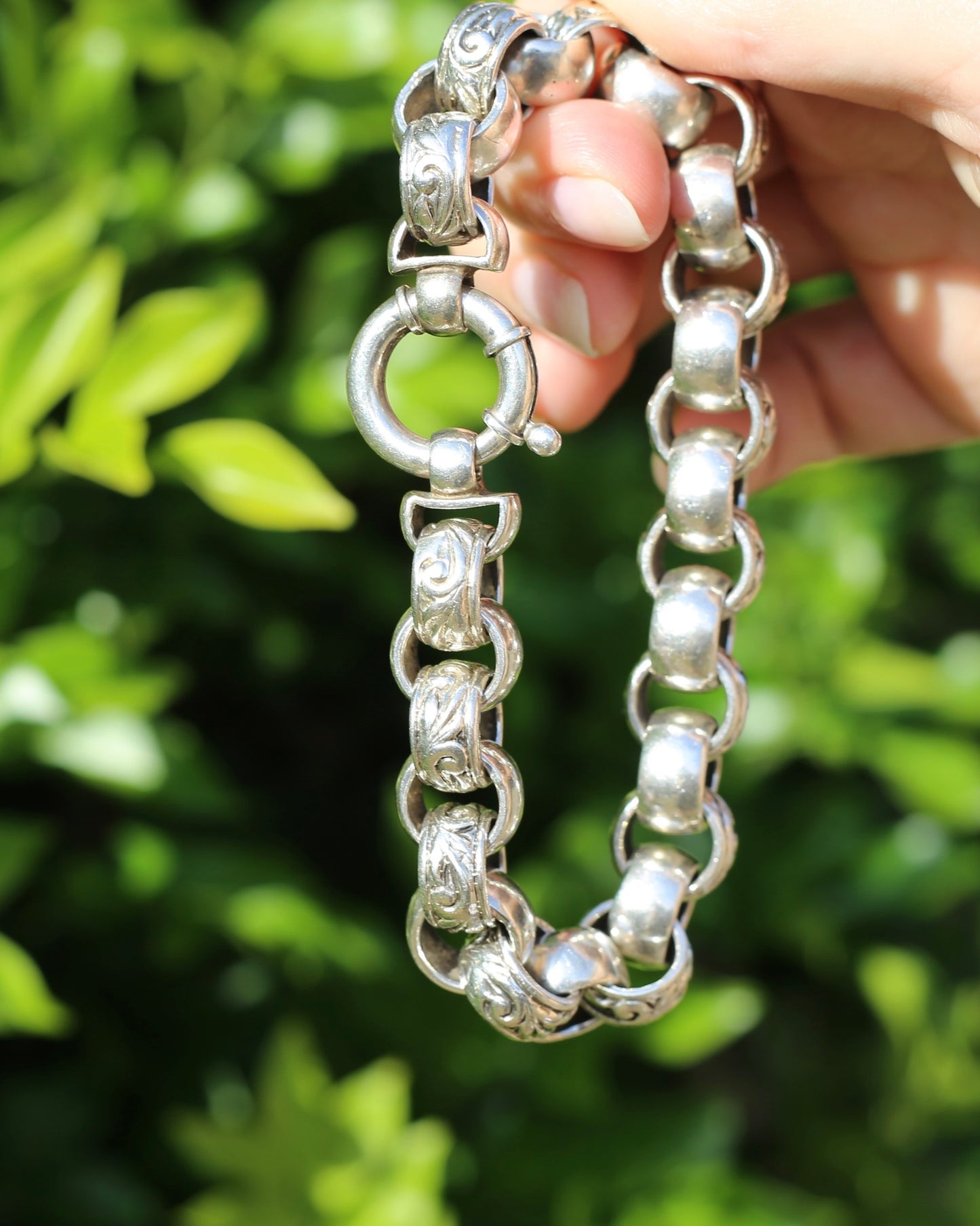 Chunky Silver Belcher Bracelet, Day and Night Alternating Links, Large Bolt Clasp, 24cm or 9.5 inches, 85.8g