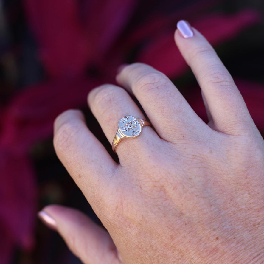 Early Australian Joseph Lawrence Signet Ring, Star Set with 5 Old Cut Diamonds, size T or 9.5