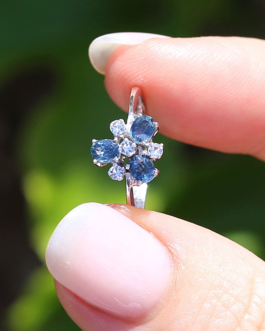 Vintage Parti Sapphire and White Quartz Cluster Ring, 9ct White Gold, size M or just over 6, 1.7g