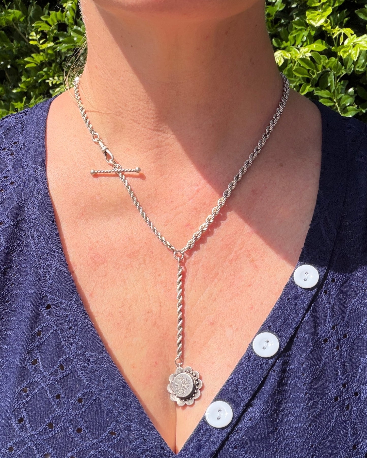 Antique 1896 Double Albertina Necklace with T-bar and Floral Pendant, Sterling Silver, 18.85g