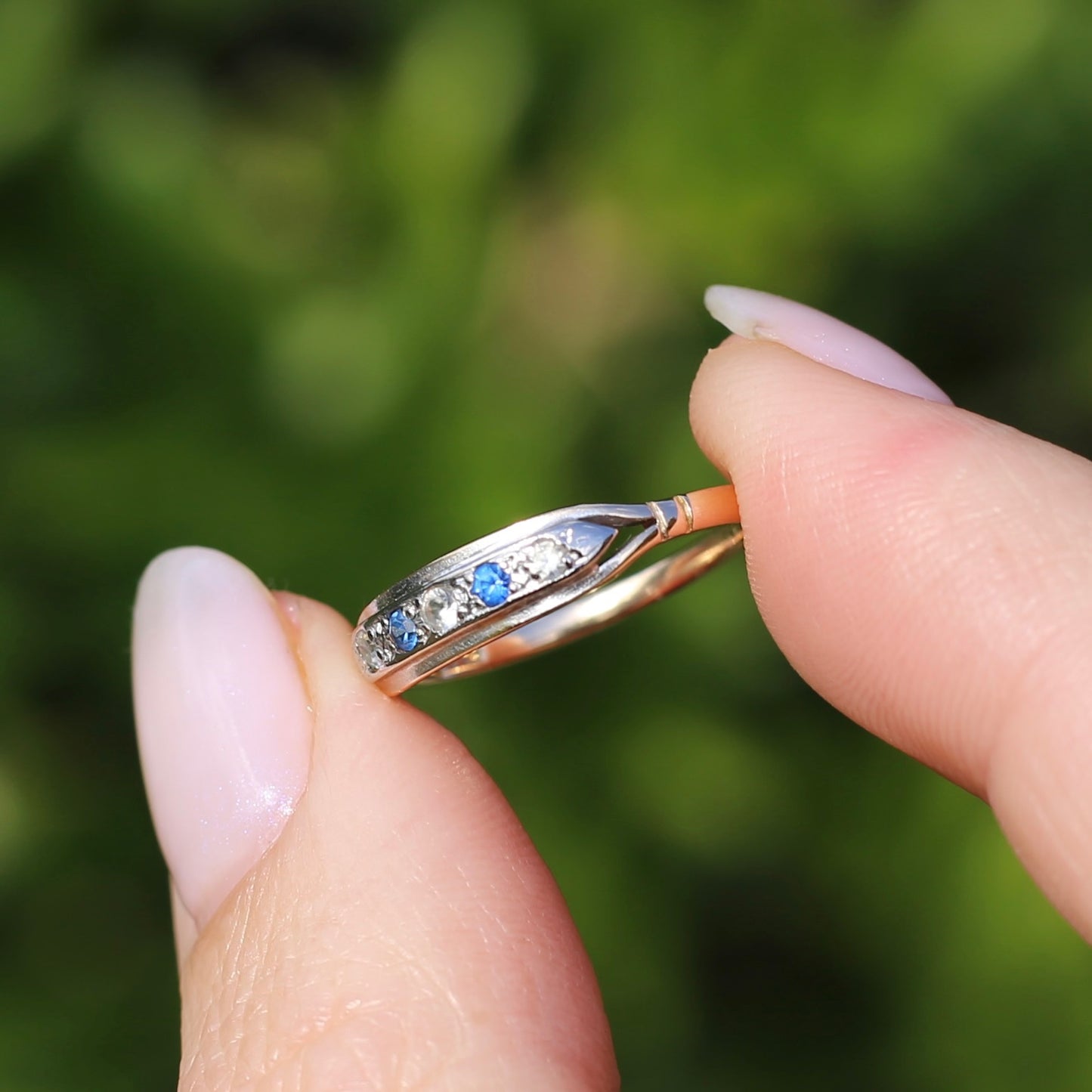 1930s 15ct Gold and Platinum 5 Stone Spinel Ring, 15ct Yellow Gold & Platinum, size M1/2 or 6.5