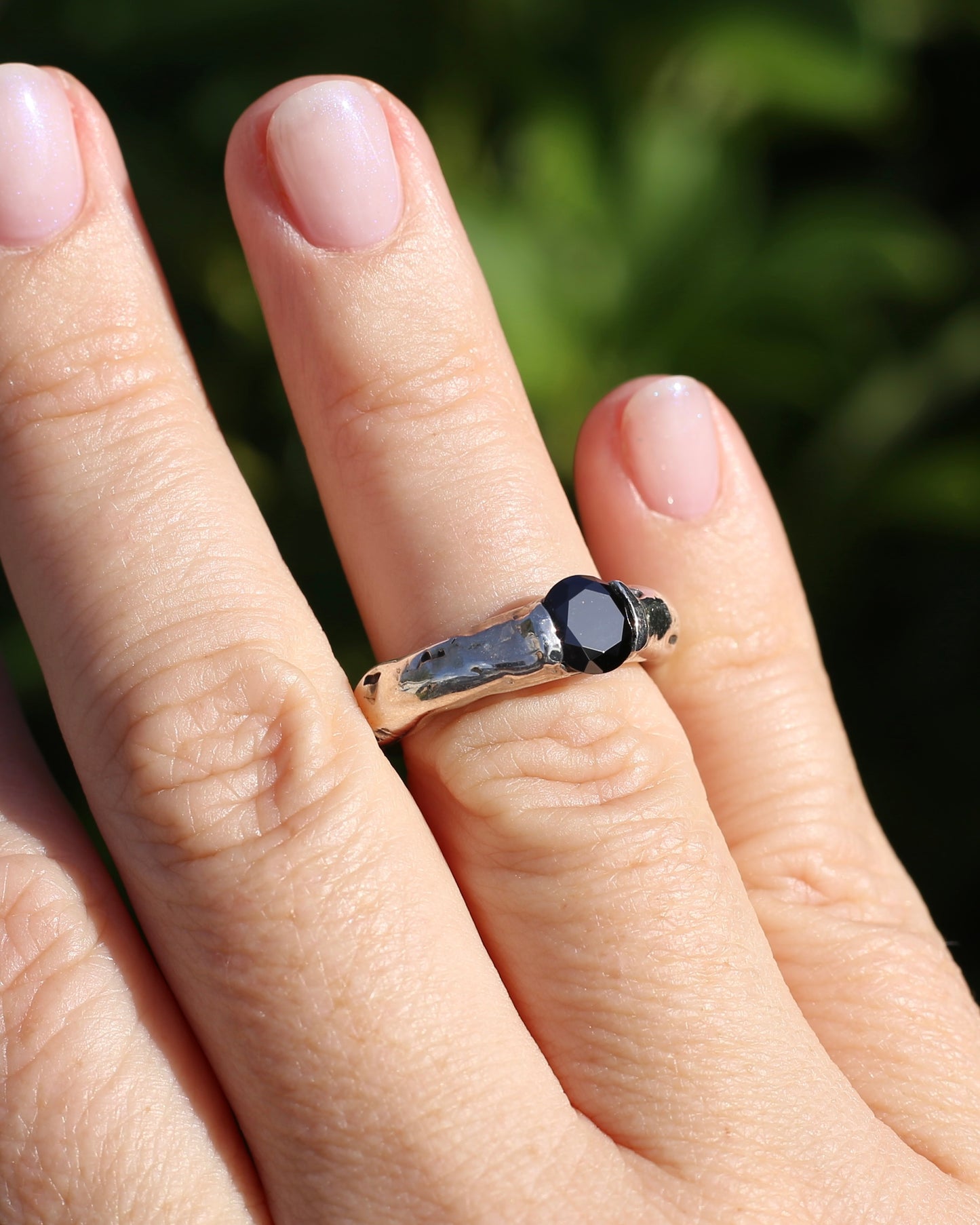 Rustic Handmade Chunky Silver Ring with Black Glass Round Brilliant Semi Bezel Set Stone, size L or 5.75