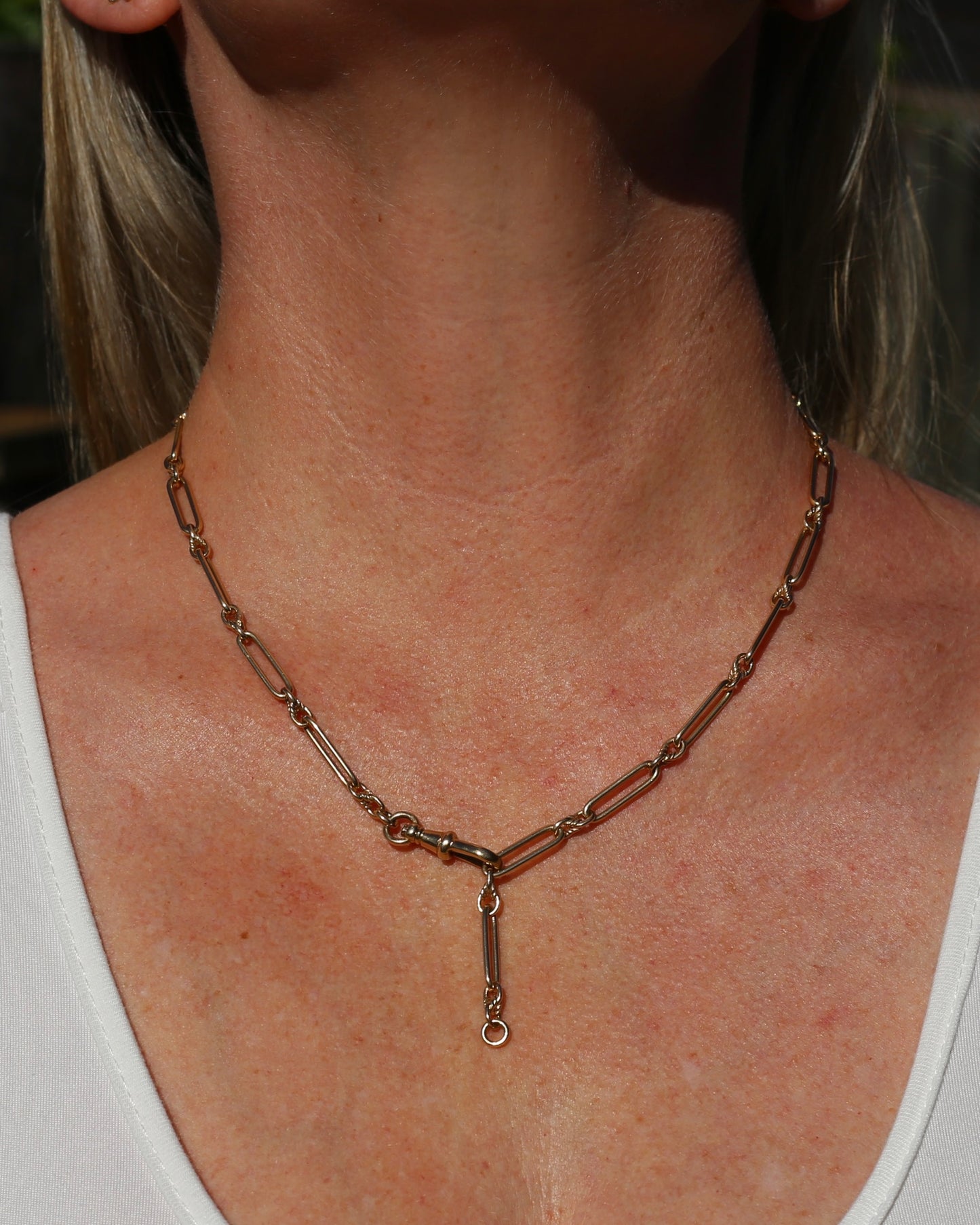 Vintique Trombone and Love Link Chain Single Albert Clasp, 9ct Gold, 51cm or 20 inches, 22.5g