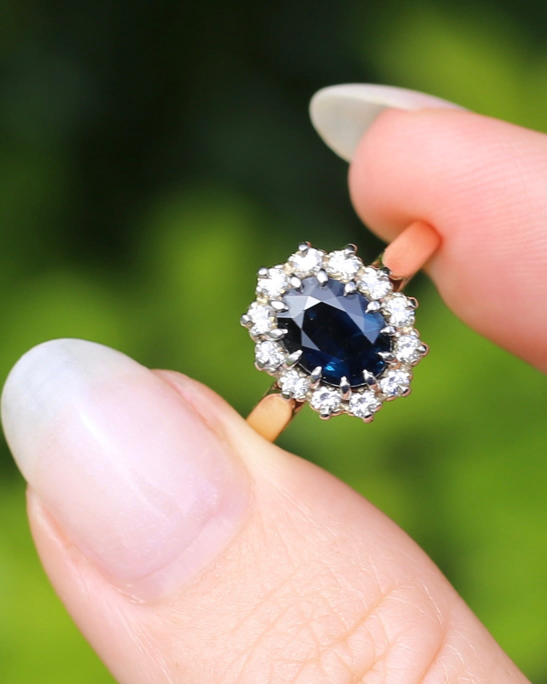 Vintage Natural Sapphire and Diamond Halo, 9ct Yellow and White Gold, size N1/2 or 7