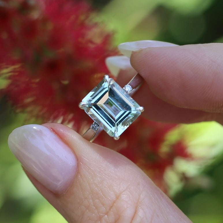 Emerald Cut Prasiolite and Diamond Ring, 9ct White Gold, size P or 7.75