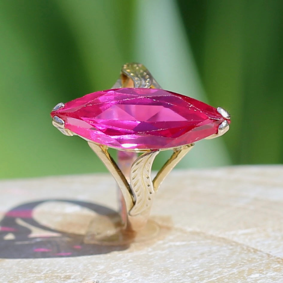 Mid Century Russian Synthetic Ruby Ring, 14ct Rosey Gold, size L1/2 or 6