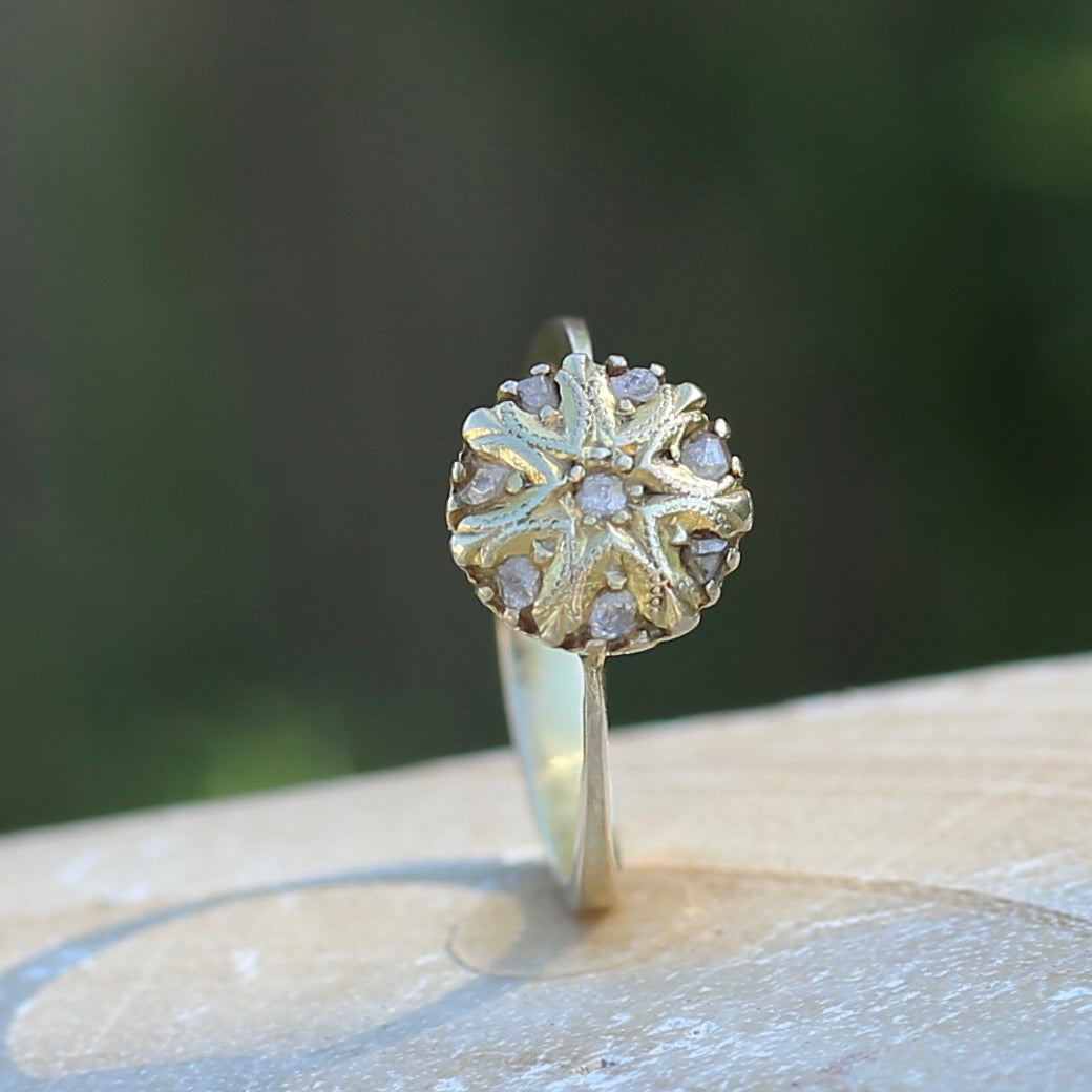 Rustic Handmade Likely Victorian Rose and Table Cut Diamond & Quartz Ring, approx 12ct Yellow Gold, size T or 9.5