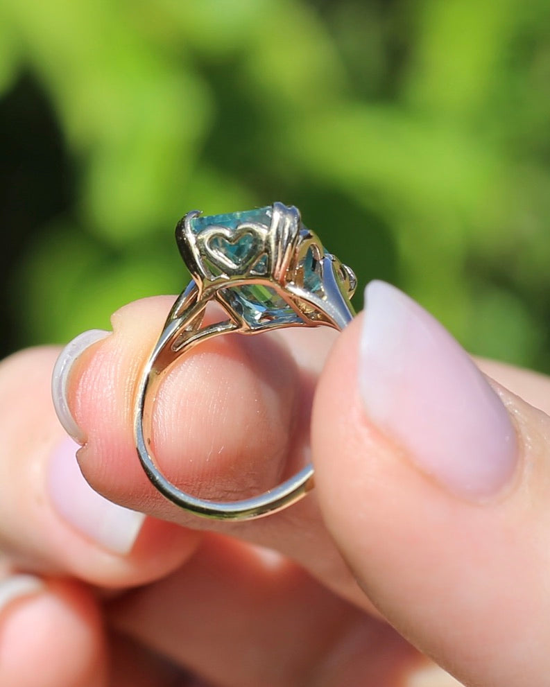 Second Glance - Natural 4.3ct Emerald Cut Aquamarine in Vintage 1963 London Made Ring, 9ct Yellow Gold, size K1/2 or 5.5, 3.04g