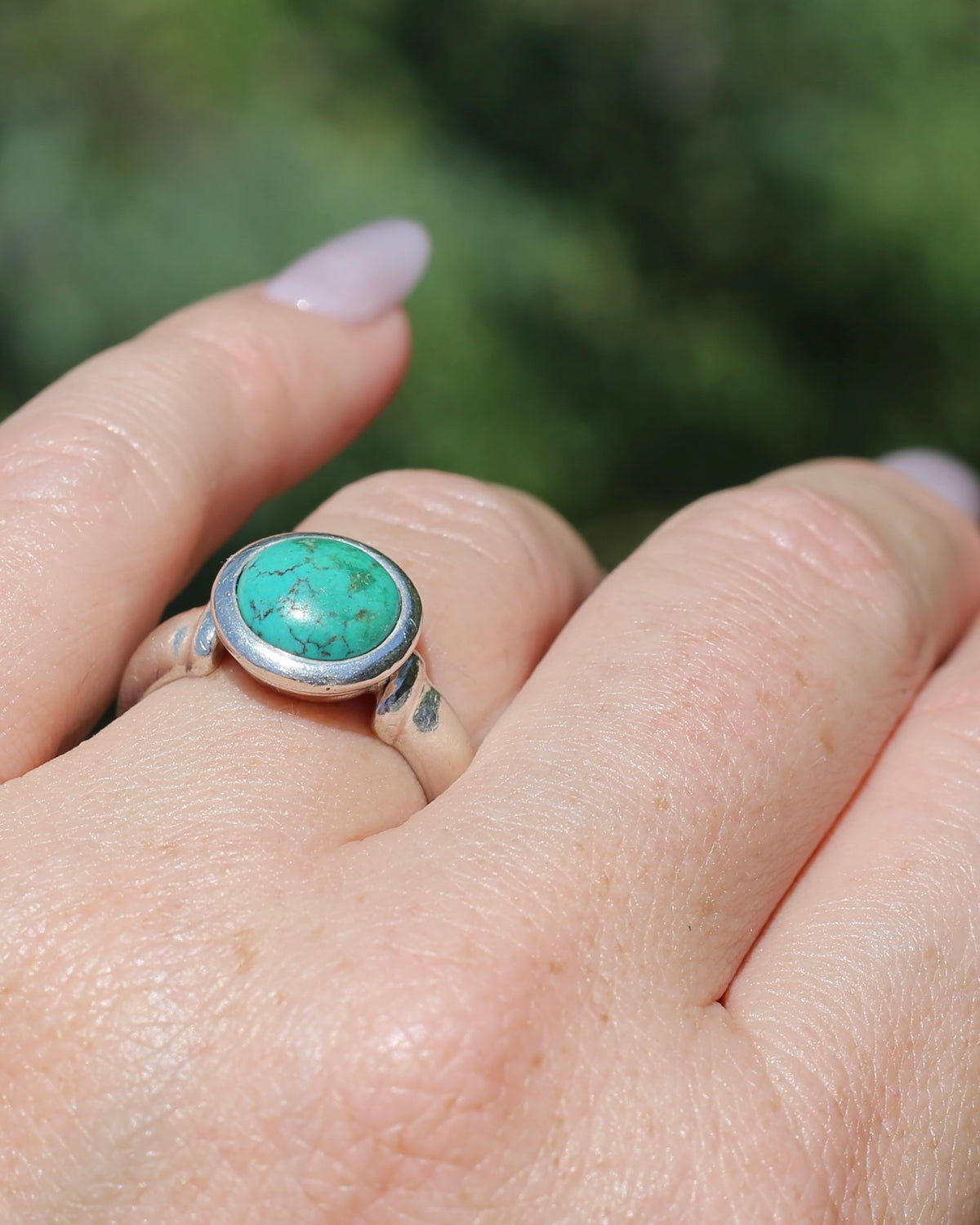Natural Turquoise Cabochon Bezel Set Ring, Sterling Silver, size Q or just over 8, 7.3g