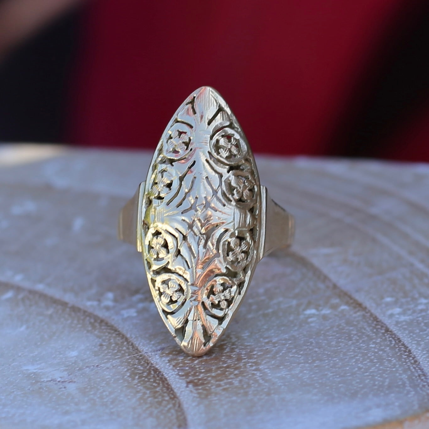 Hand Carved Navette Ring, 14ct Yellow Gold, size Q or 8.25g