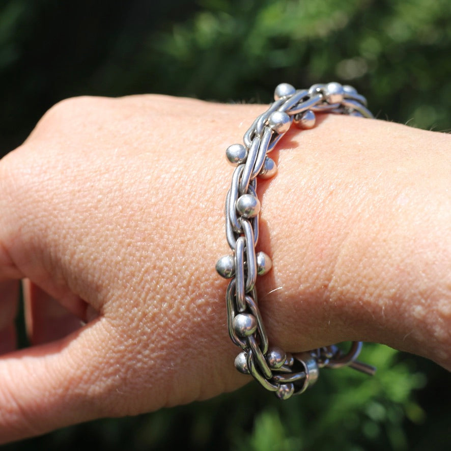 Chunky Silver Bracelet with Overlapping Loops and Dot Ball Detail, 45.3g