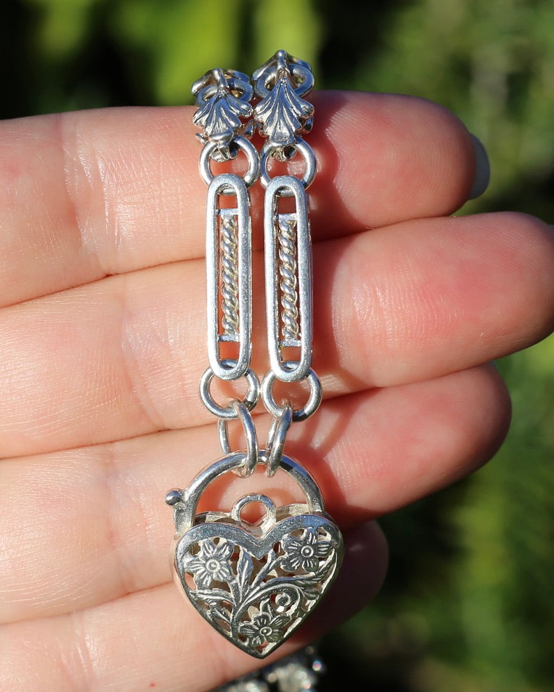 Fancy Link Silver Necklace with Heart Padlock, Sterling Silver, 49cm or 19.25 inches, 40.0g