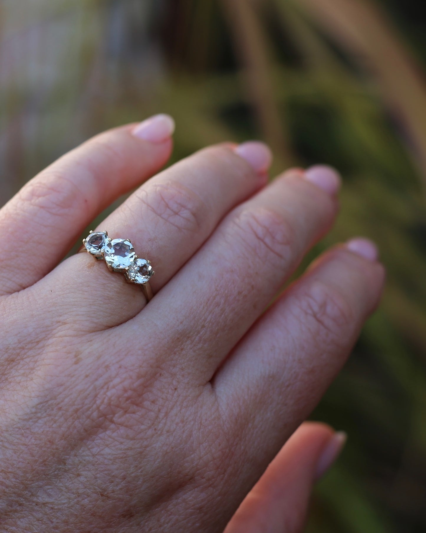Prasiolite or Green Amethyst in Vintage Trilogy, 9ct Yellow Gold, size 7 or N1/2