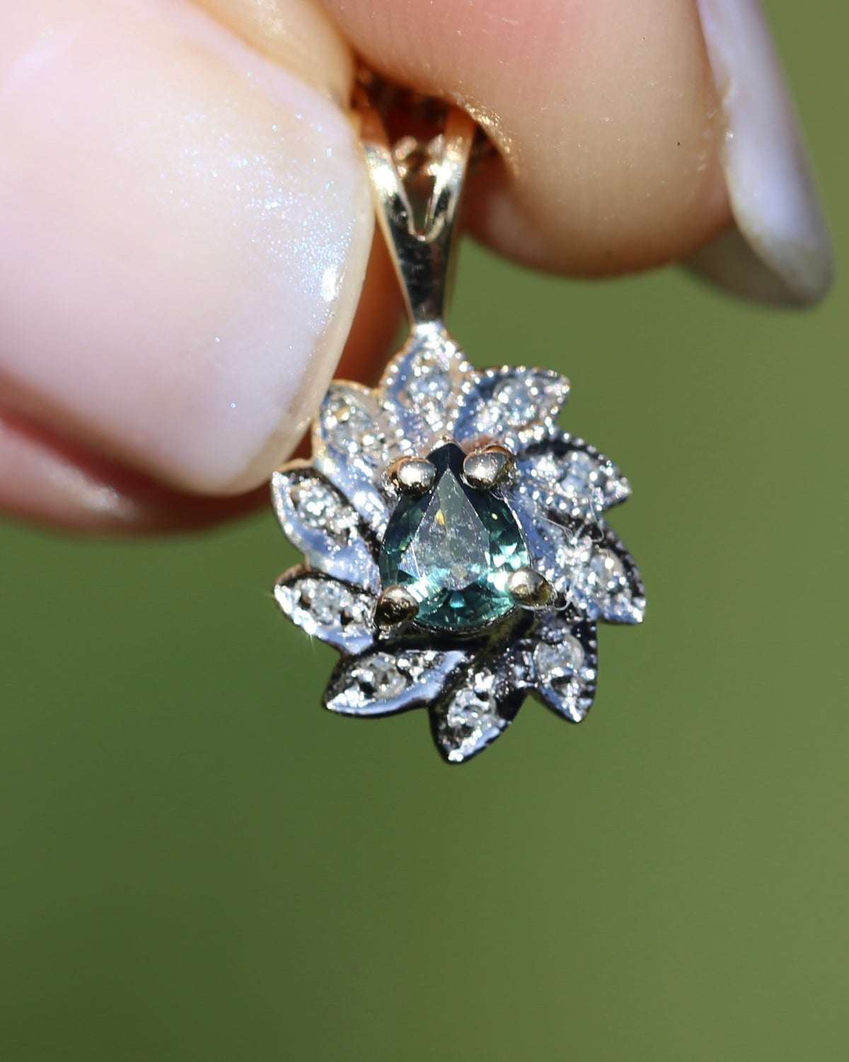 0.3ct Natural Green Parti and Natural Illusion Set Diamond Leaf Halo Pendant, 9ct Yellow Gold, 0.72g