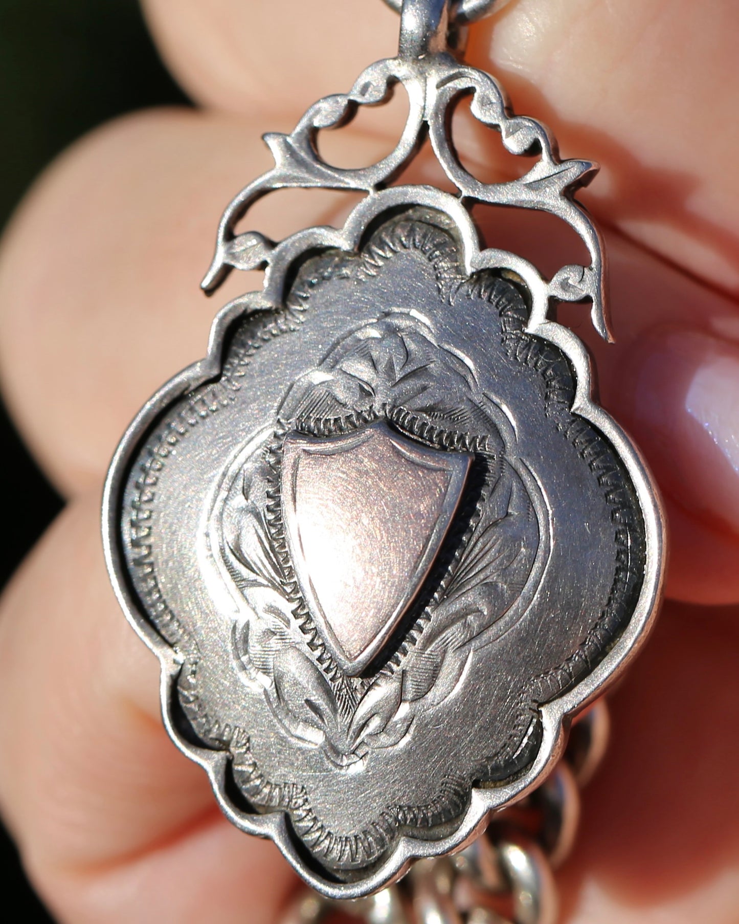 Antique 1920 Birmingham Made Double Graduated Watch Chain, Sterling Silver (and Rose Gold Face) T-Bar and Fob, 38.5cm, 53g