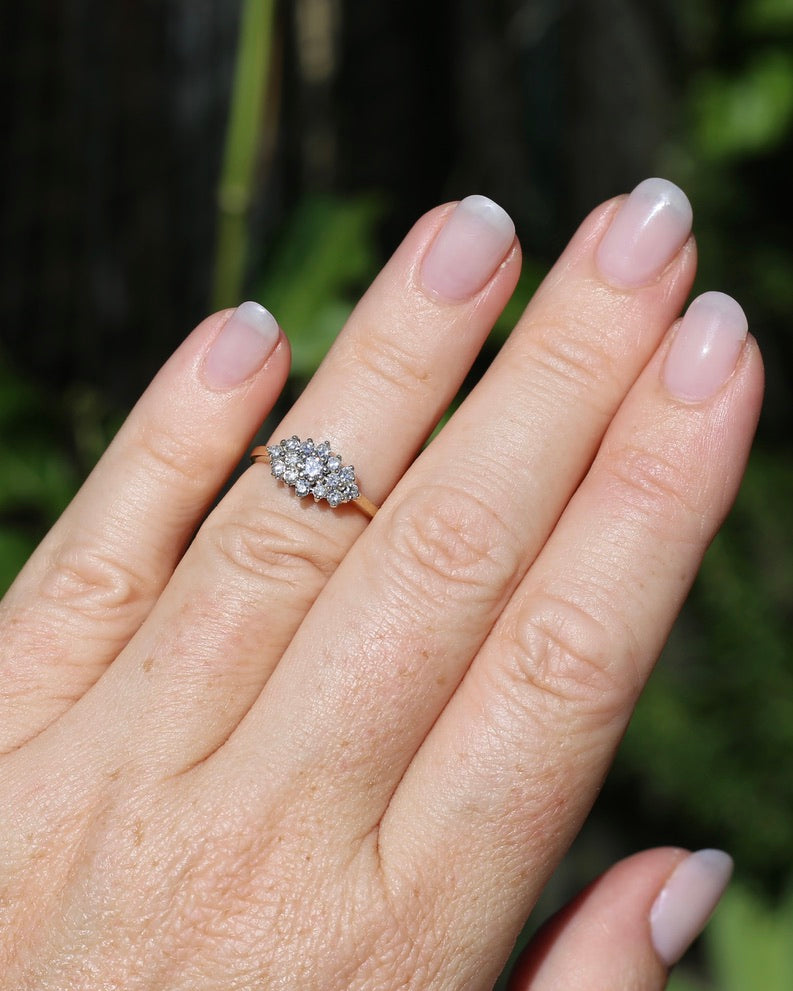 1991 London Made Diamond Cluster Ring, 9ct Yellow and White Gold, size J or 4.75, 2.2g