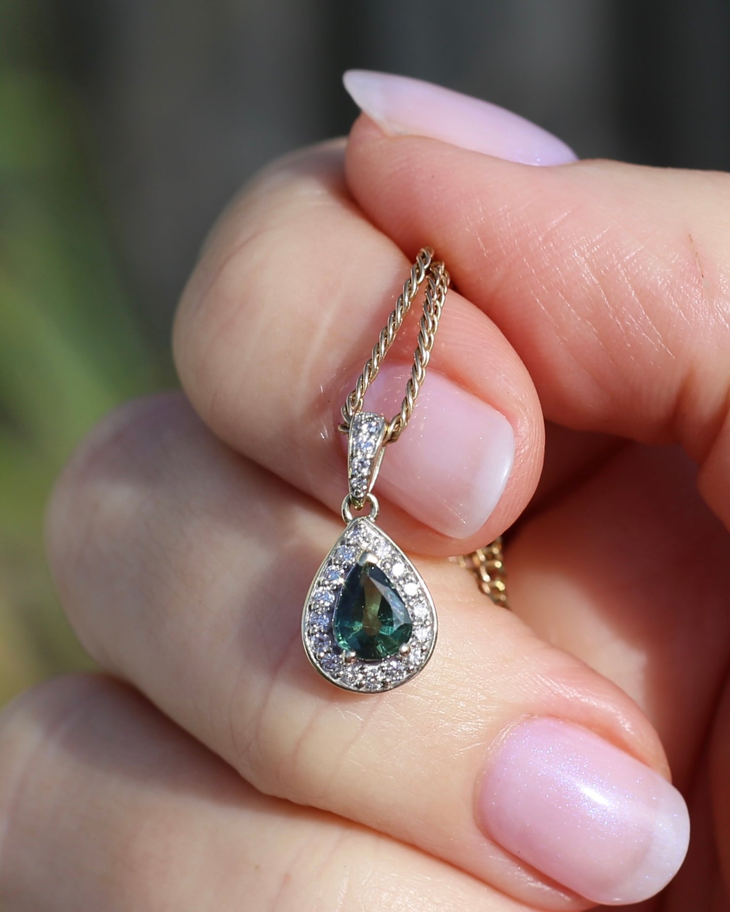 0.75ct Natural Green Parti and Natural Diamond Halo Pendant, 9ct Yellow Gold, 0.86g