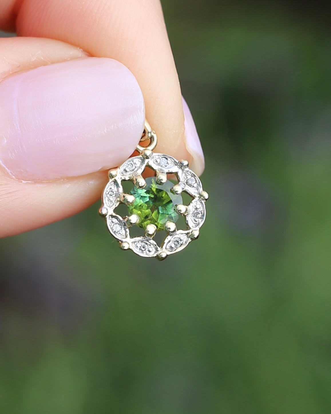 Vintage 0.7ct Green Tourmaline and Diamond Pendant, 9ct Yellow Gold, 1.15g