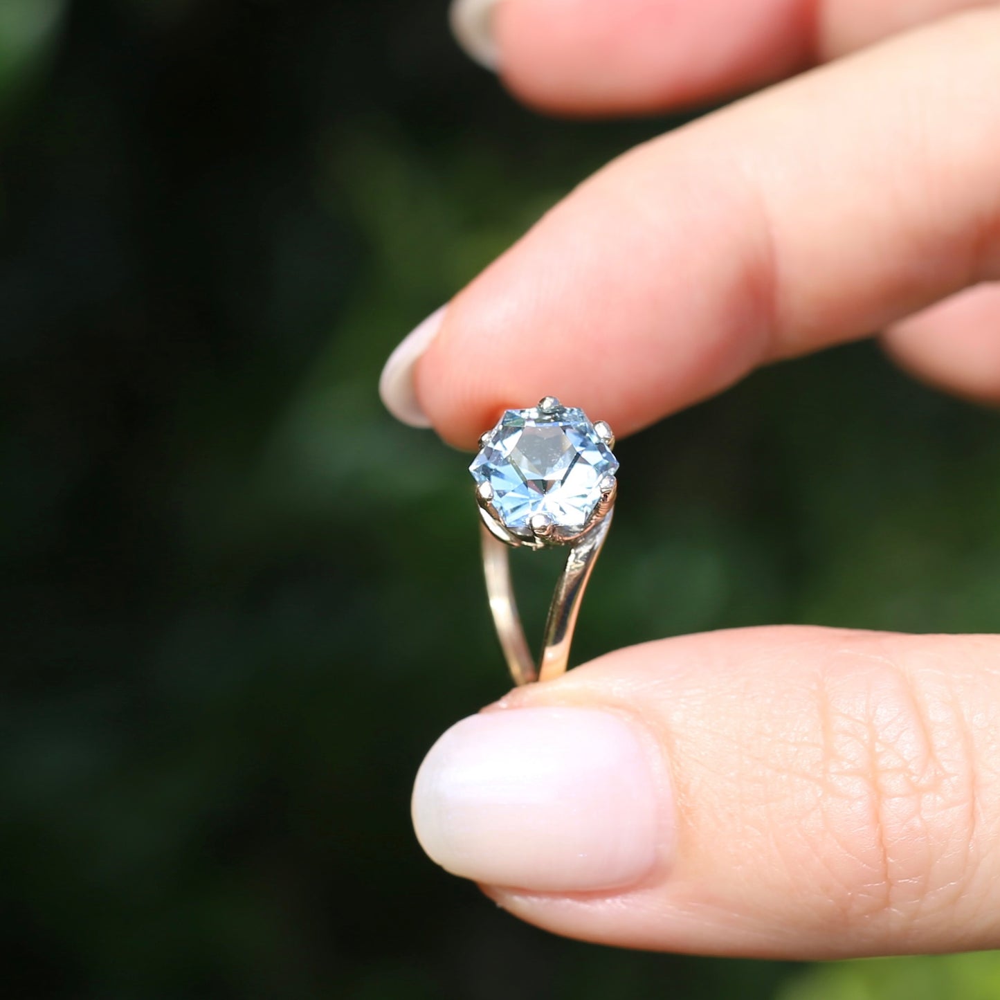 Fancy Hexagonal Cut Pale Blue Zircon Ring, 9ct Yellow Gold, size 7.5 or just over O1/2