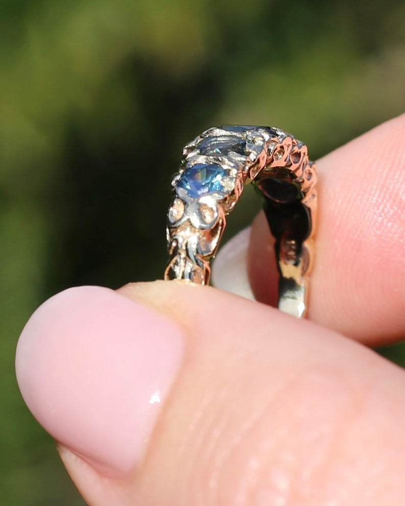 2.08ct Parti Sapphire Five Stone Ring,London Made 1989 9ct yellow Gold, size P1/2 or 8, 3.07g