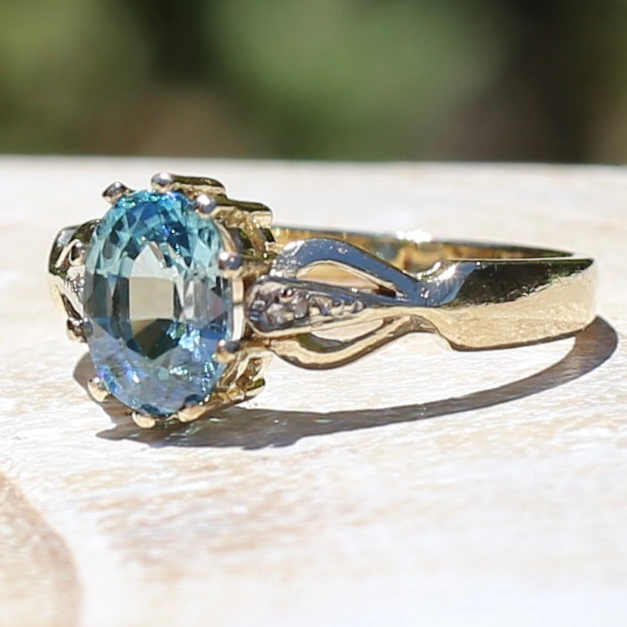 Oval Blue Zircon with Decorative Diamond Shoulders, size N or 6.75