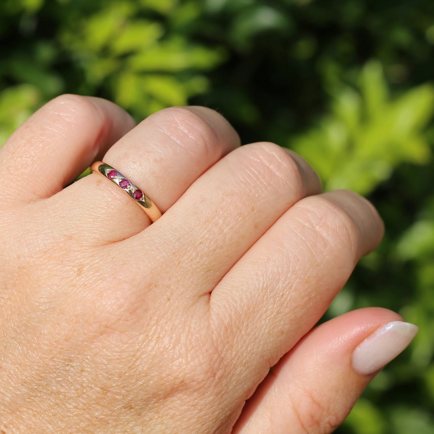 Grain Set Garnet Trilogy, 9ct Rosey Gold, size N or 6.75