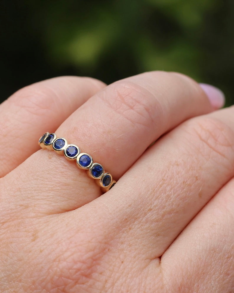 Second Glance - 9 Stone Bezel Set Blue Sapphire Bubble Half Eternity Ring, 9ct Yellow Gold, size N or just over 6.5, 2.80g
