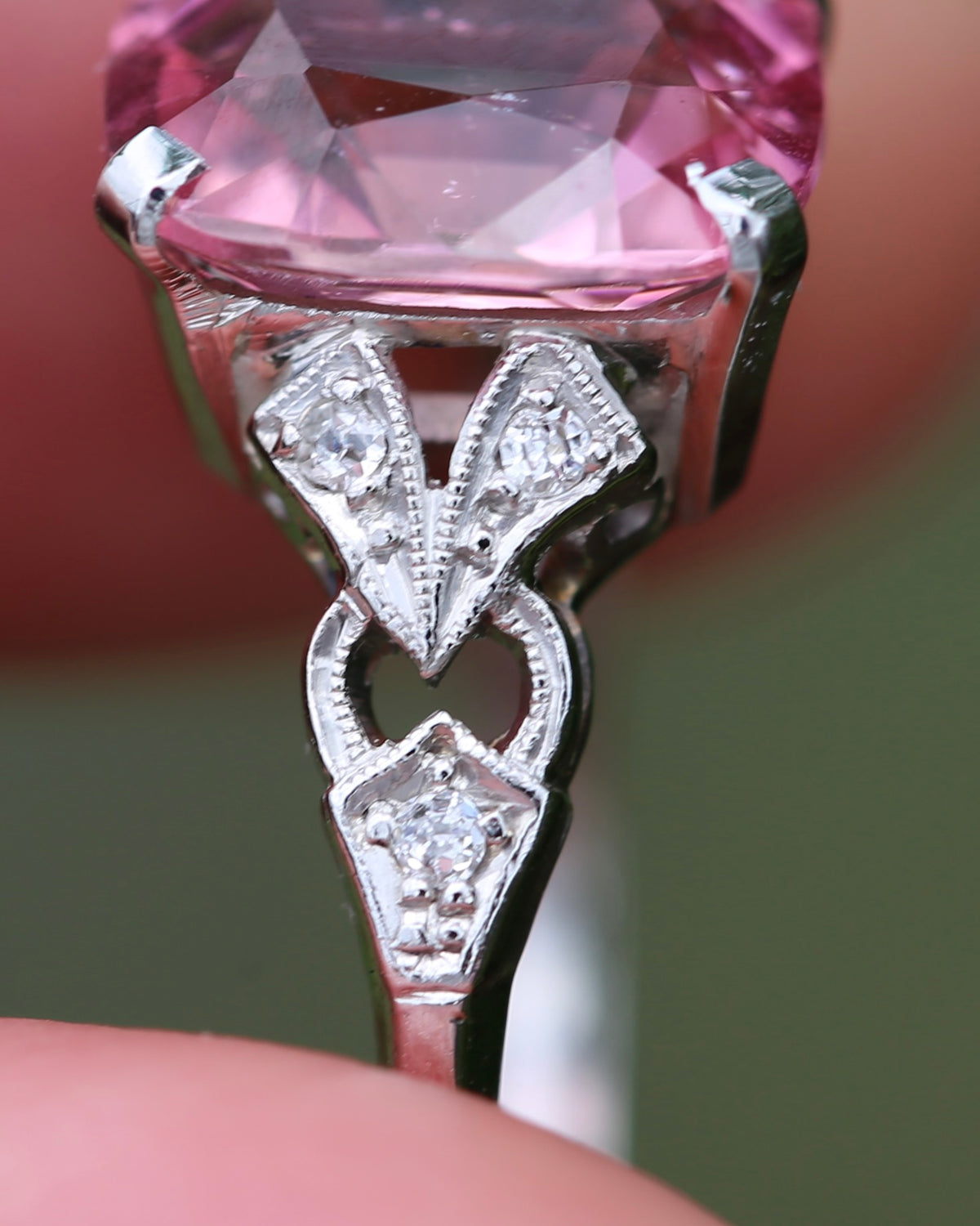 Pale Pink Tourmaline and Old Cut Diamond Shoulder Ring, 18ct White Gold and Platinum, size N or 6.75, 2.63g