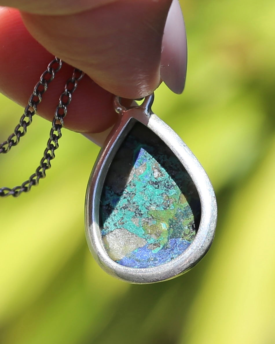 Natural Azurite/ Malachite/ Chrysocolla Cabochon Pendant, Bezel Set, Sterling Silver, 5.44g